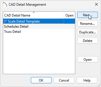 Creating a New CAD detail in the CAD Detail Management dialog