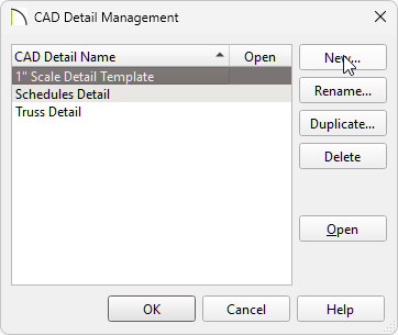 Creating a New CAD detail in the CAD Detail Management dialog