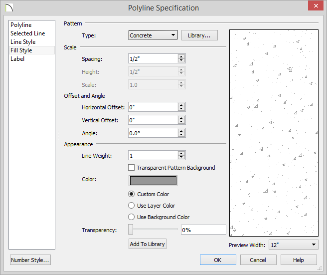Polyline Specification Polyline Specification dialog - Fill Style panel open with options selected