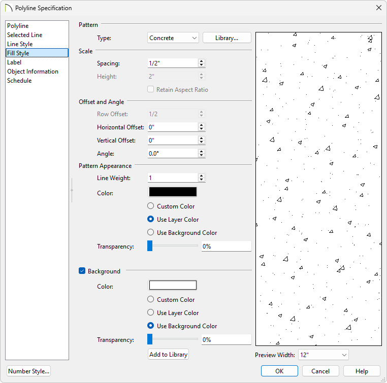 The Fill Style Tab allows you to display a pattern on the Polyline.