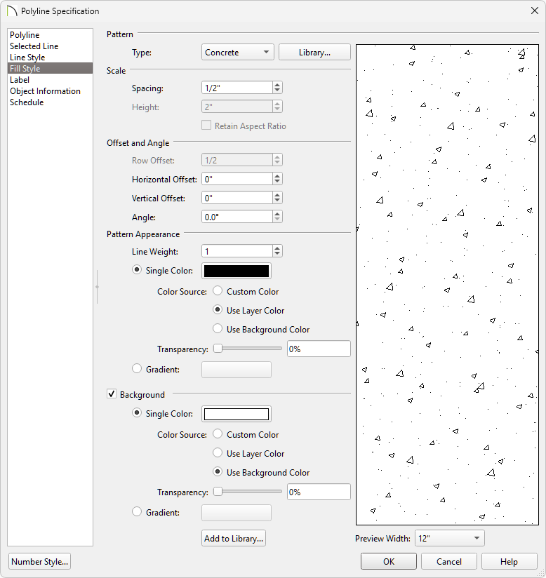 The Fill Style Tab allows you to display a pattern on the Polyline.