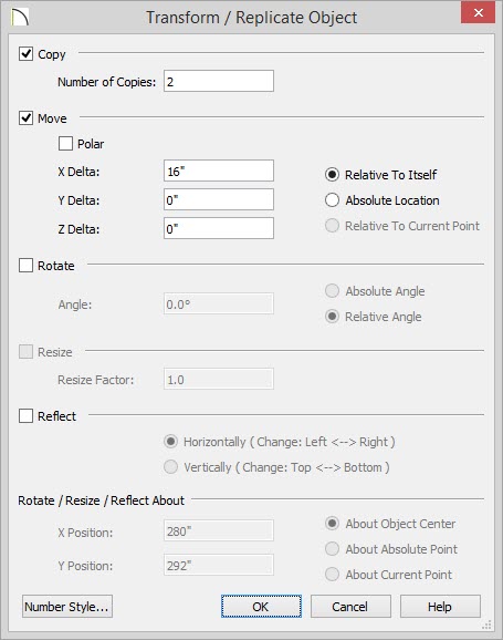 Transform / Replicate Object Transform / Replicate Object dialog showing two copies moving 16 inches to the right relative to itself