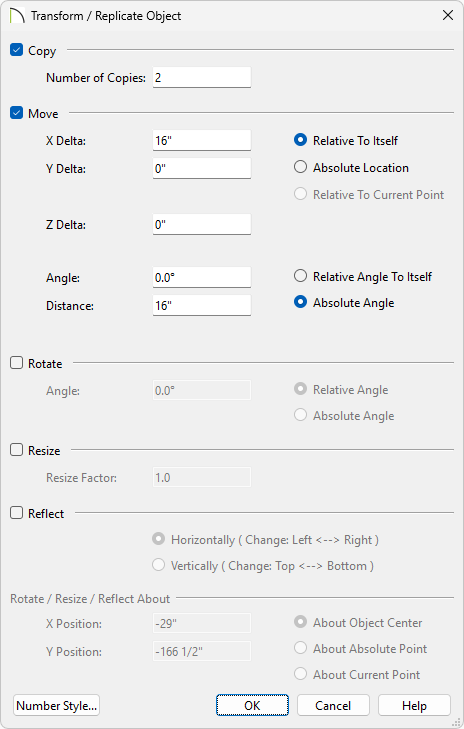 Transform/Replicate Object dialog where modifications can be made