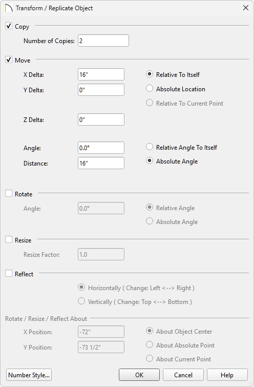 Transform/Replicate Object dialog where modifications can be made