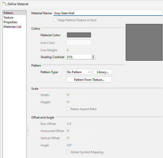 On the Pattern panel you can change how the material will appear in line based views.