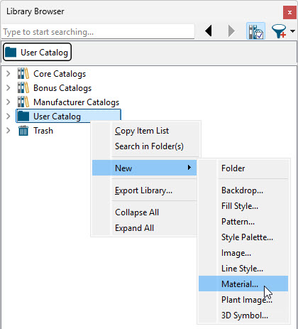 Right-click on the User Catalog to create a New Material.