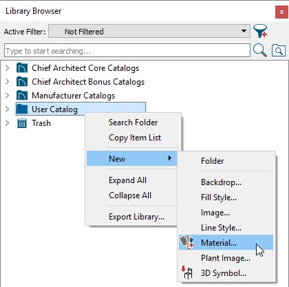 Library Browser with User Catalog > New > Material selected