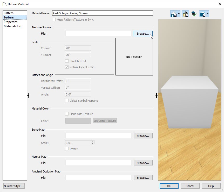 Define Material Dialog - Texture panel with Arrow on Browse button