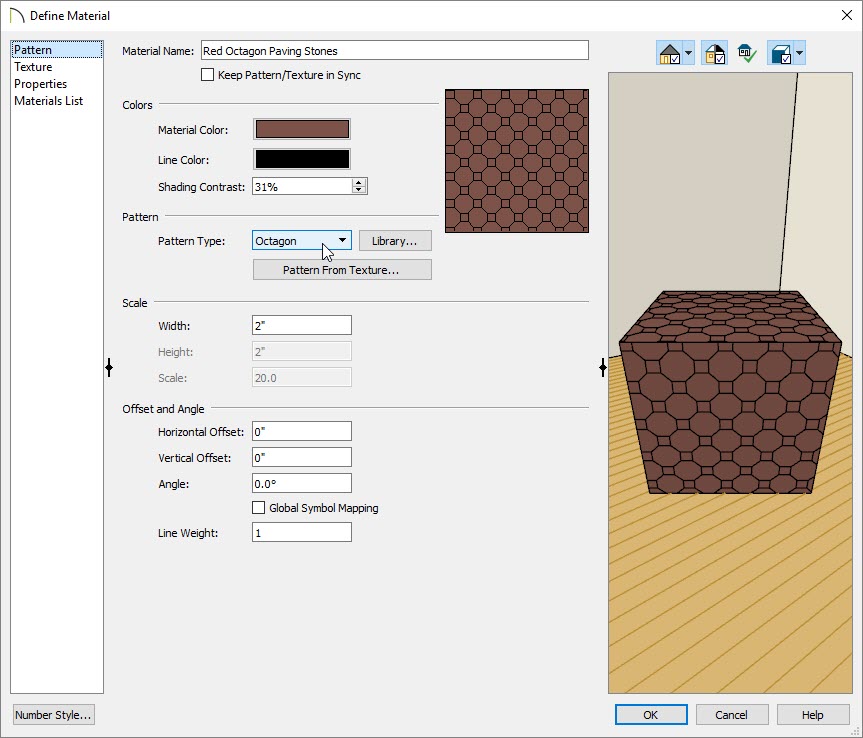 Define Material Dialog - Pattern panel with Octagon set as Pattern Type