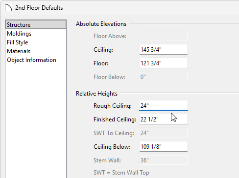 Floor 2 Defaults dialog with Rough Ceiling set to 24 inches