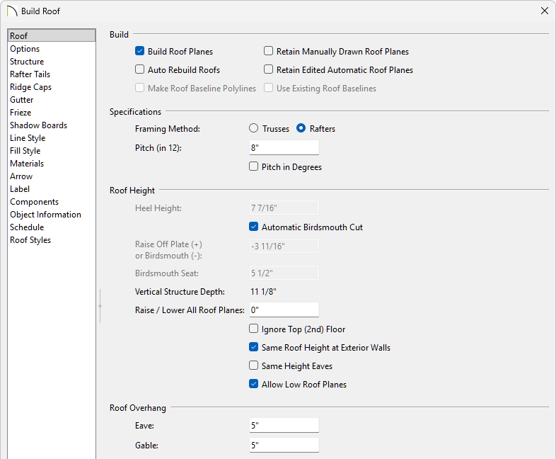 Build Roof dialog with Build Roof Planes checked, 12 entered for the Pitch, and 5 inches set for Eave and Gable Roof Overhang