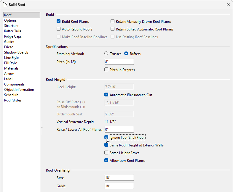 Ignore Top Floor is selected in the Build Roof dialog