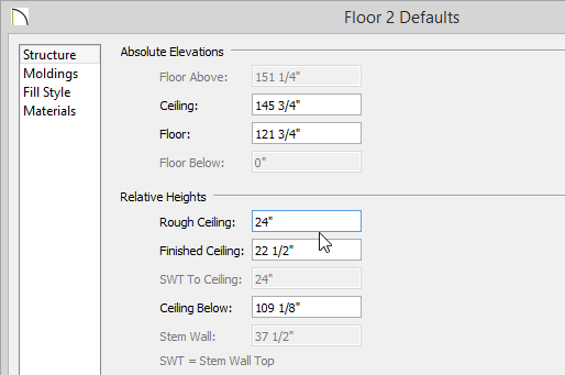 Floor 2 Defaults Floor 2 Defaults dialog with Rough Ceiling set to 24 inches