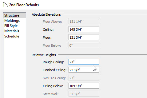 Floor 2 Defaults dialog with Rough Ceiling set to 24 inches