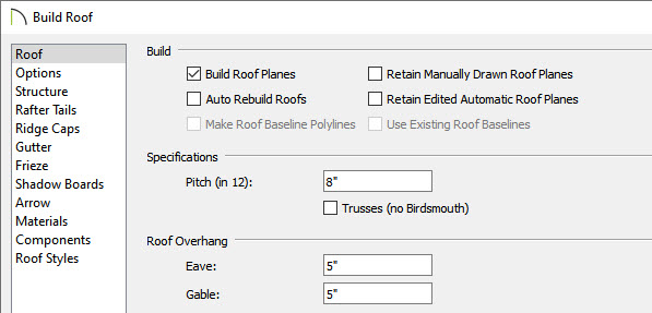 Build Roof dialog with Build Roof Planes checked, 12 entered for the Pitch, and 5 inches set for Eave and Gable Roof Overhang