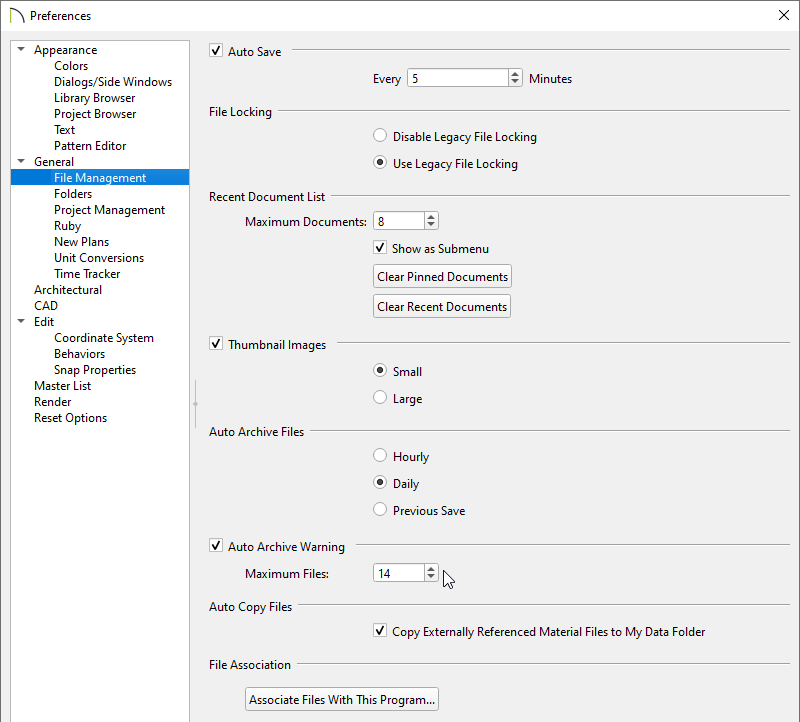 File Management panel of the Preferences dialog