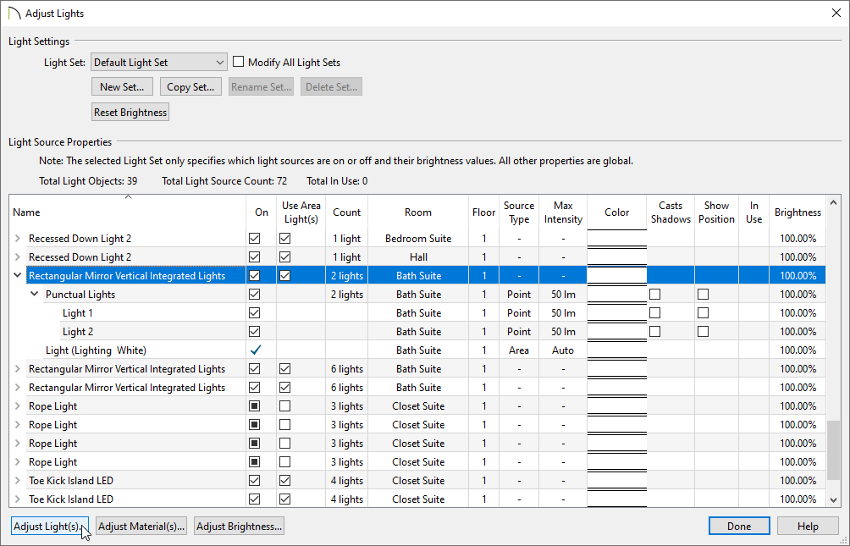 Light properties displayed in the Adjust Lights dialog