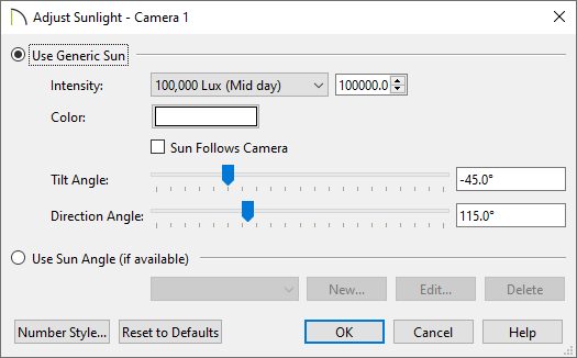 Adjust Sunlight dialog where sunlight settings can be adjusted