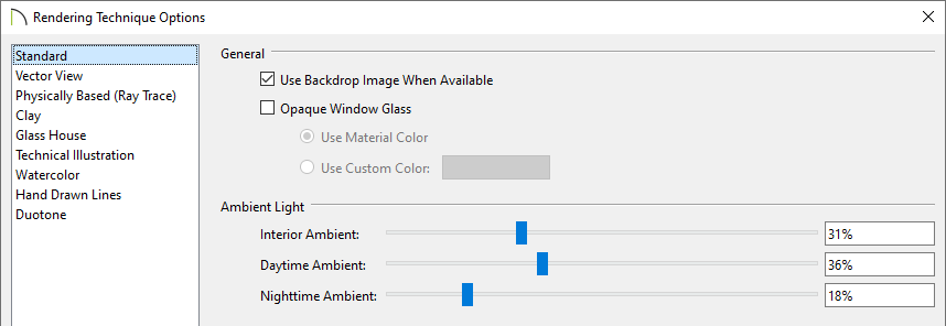 Ambient Light is located on the Standard panel of the Rendering Technique Options dialog