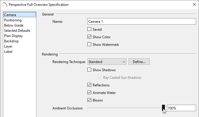 Adjusting the Ambient Occlusion on the Camera panel of the Specification dialog