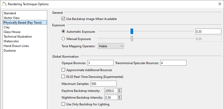 Physically Based panel of the Rendering Technique Options where the Daytime and Nighttime Backdrop Intensity can be changed