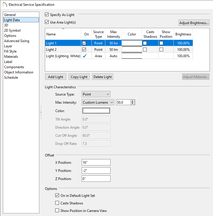 Electrical Service Specification Dialog Box