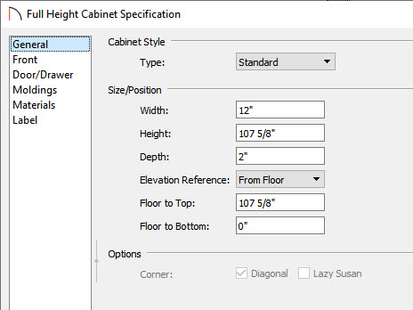 cabinet specification dialog general editting