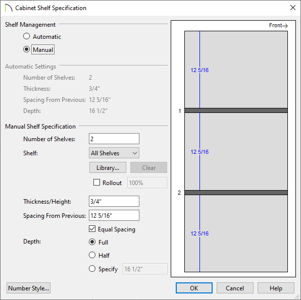 Cabinet Shelf Specification dialog