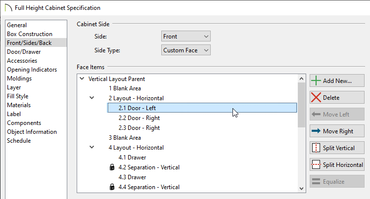 Selecting a face item in the Cabinet Specification dialog