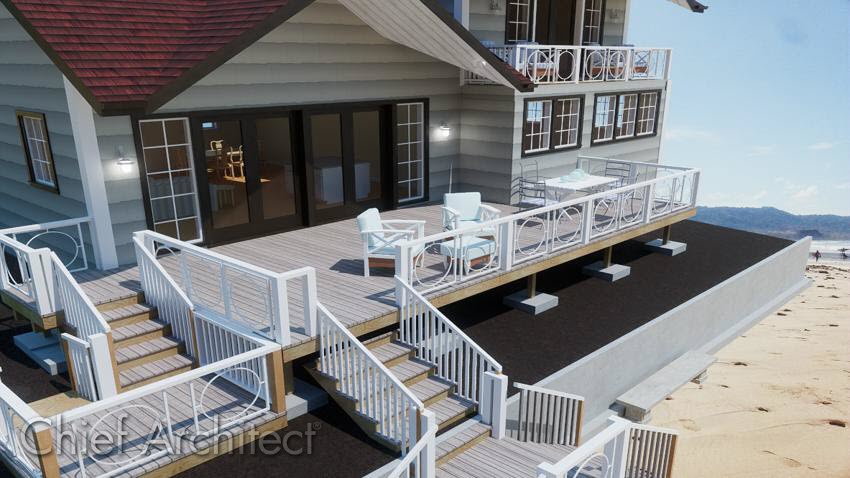 Structure with a deck leading down to a beach. Outdoor deck attached leading to the beach.