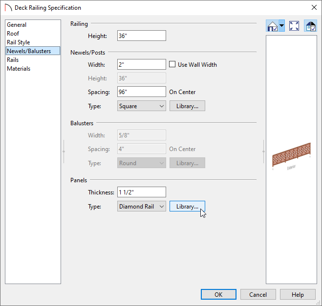 Clicking on the Library button to adjust the Panel type for the deck railing