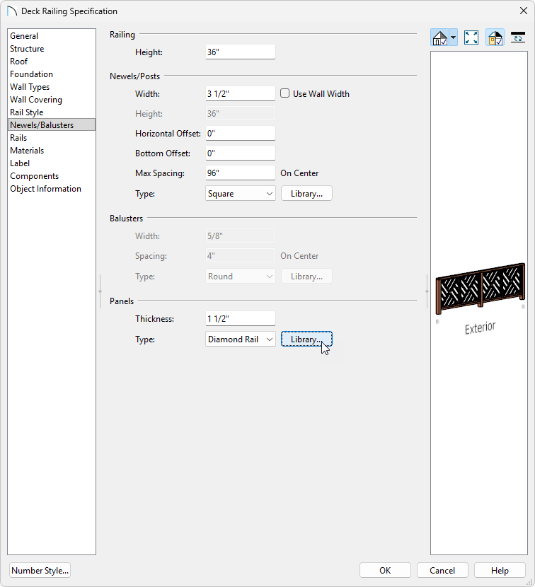 Clicking on the Library button to adjust the Panel type for the deck railing