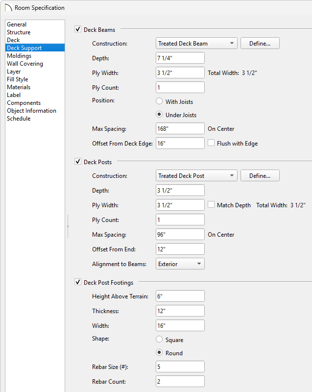 In the Room Specification, on the Deck Support panel, you can adjust how your deck beams/posts/post footings generate.