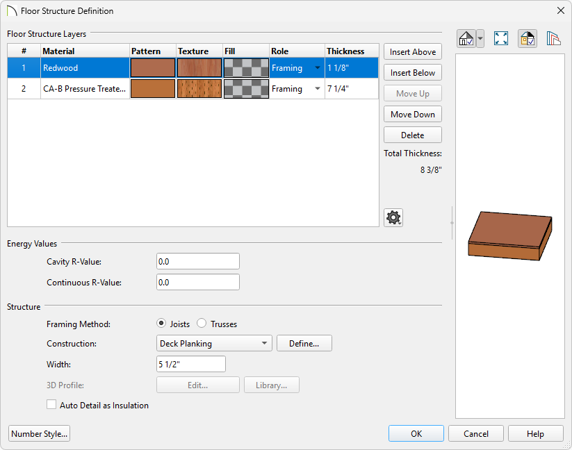 In the Floor Structure Definition you can adjust the width and thickness of your deck planks/joists.