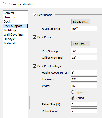 Room Specification dialog - Deck Support panel