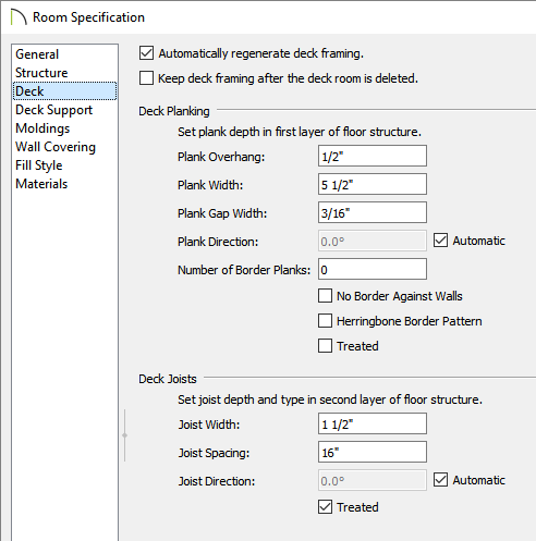 Room Specification dialog - Deck panel