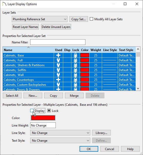 Use the select all button to select all of your layer and uncheck the box for display. 