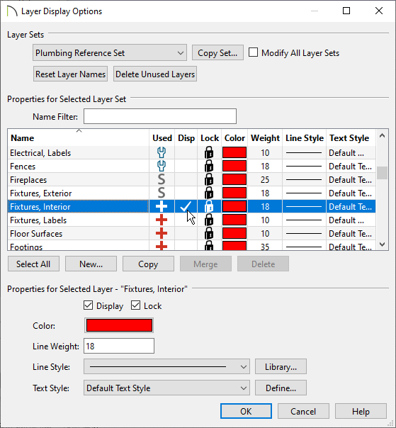 Check the Display column for the layers you would like to show. In this example, Fixtures,Interior is enabled. 