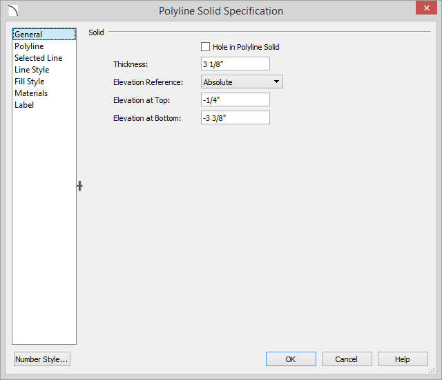 Polyline Solid Specification Polyline Solid Specification dialog with 3 1/8 set for Thickness and an Elevation at Top set to -1/4 inch