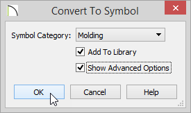 Convert To Symbol Convert To Symbol dialog with Molding set for the Symbol Category and both options checked