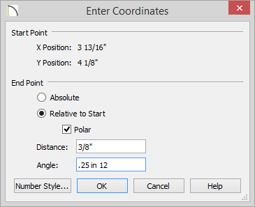 Enter Coordinates Enter Coordianates dialog with Relative to Start selected, Polar selected and 3/8 inch for Distance and .25 in 12 set for Angle