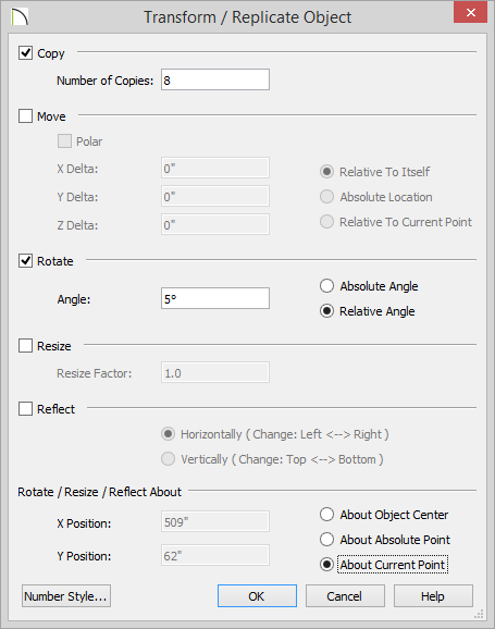 Transform / Replicate Object Transform / Replicate Object dialog with Copy and Rotate checked, showing 8 copies and 5 degree Relative Angle, and About Current Point option selected
