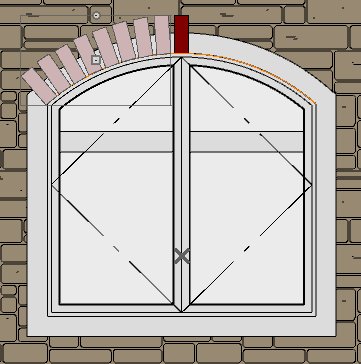 Left side of window topped with bricks Window showing original and eight copies of brick curved down to the left