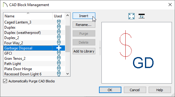 Garbage Disposal CAD block selected in the CAD Block Management dialog