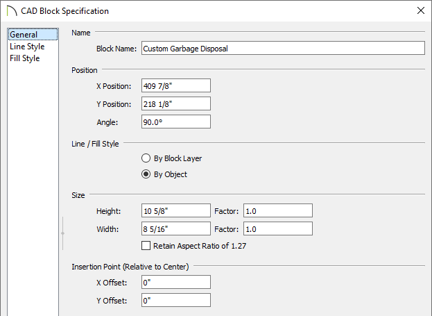 Specify the Block Name on the General panel of the CAD Block Specification dialog