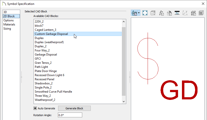 Selecting the Custom Garbage Disposal CAD Block on the 2D Block panel of the Symbol Specification