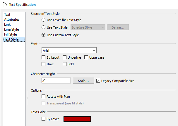 Text Style panel of the Text Specification dialog