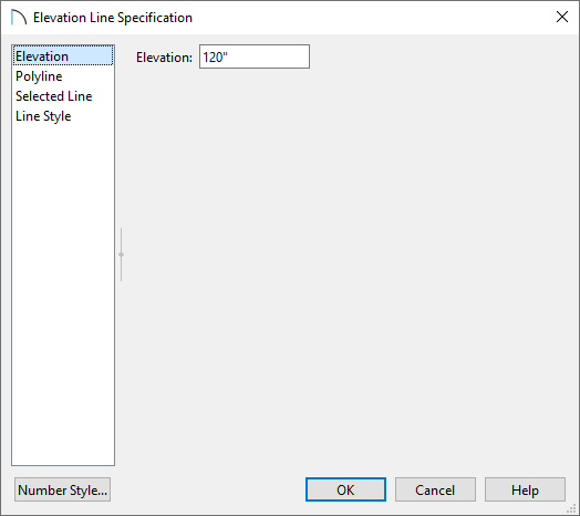 Elevation Line Specification dialog with 120 inches entered for Elevation