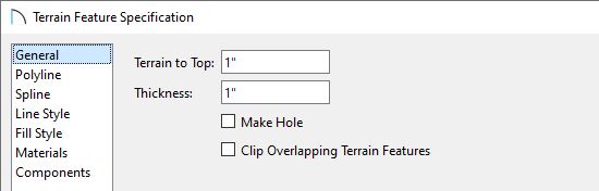 General panel of the Terrain Feature Specification