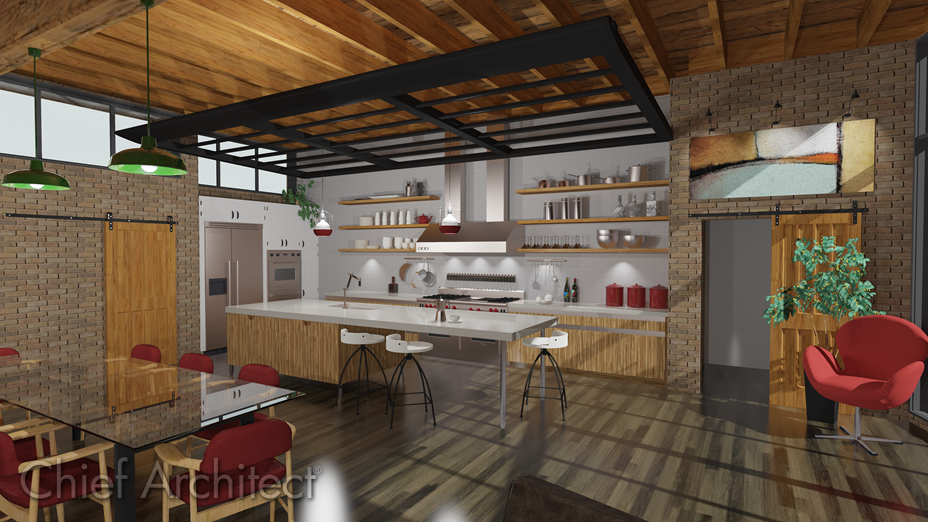 Interior kitchen and dining room with sliding barn door